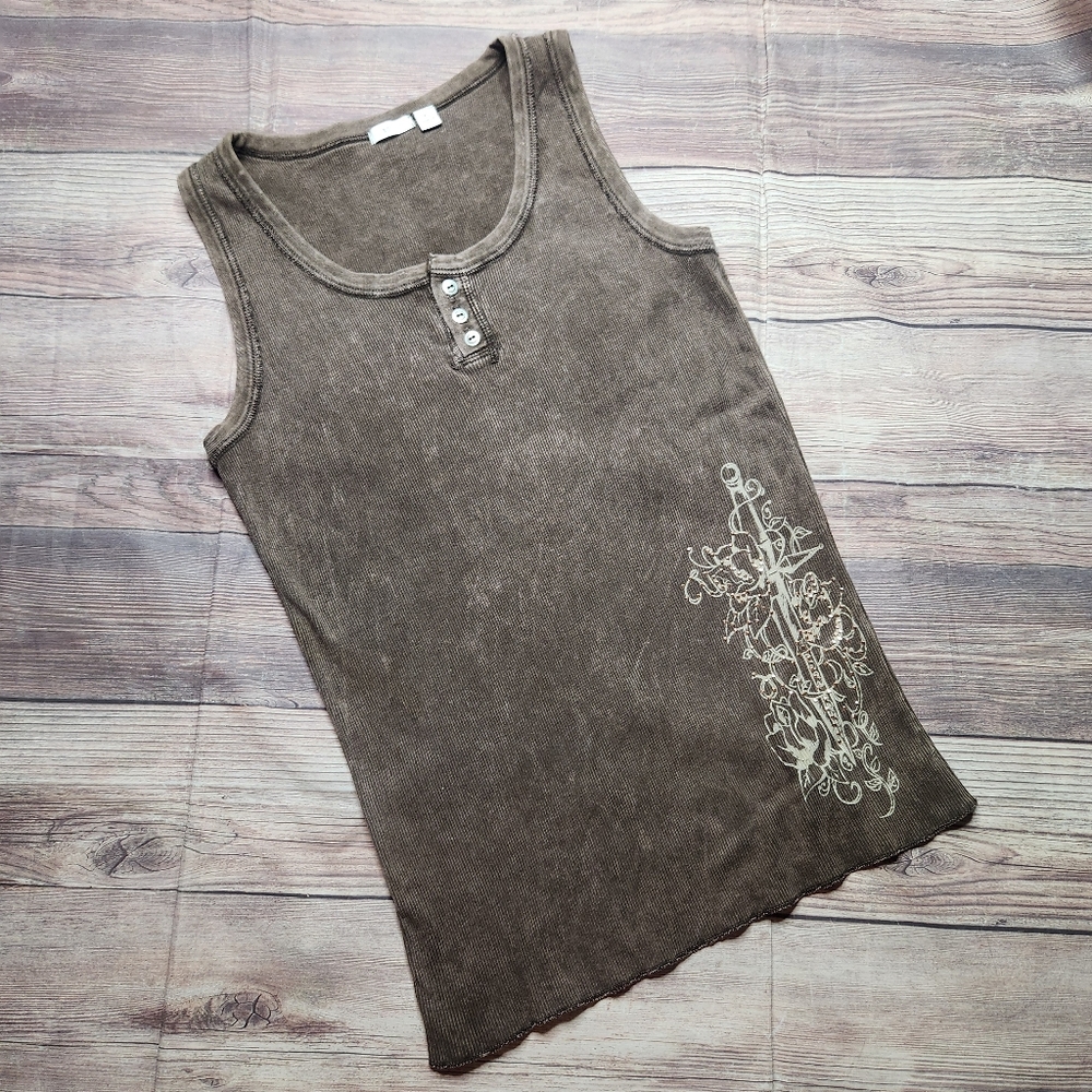Vintage Y2K Apt. 9 Boho Acid Wash Rhinestone Brown Sword Tank Top